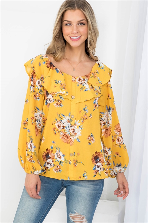 C26-A-1-T63122 MUSTARD FLORAL PRINT SCOOPED NECKLINE BUTTON DOWN FRONT STRETCH LONG SLEEVE TOP 2-3