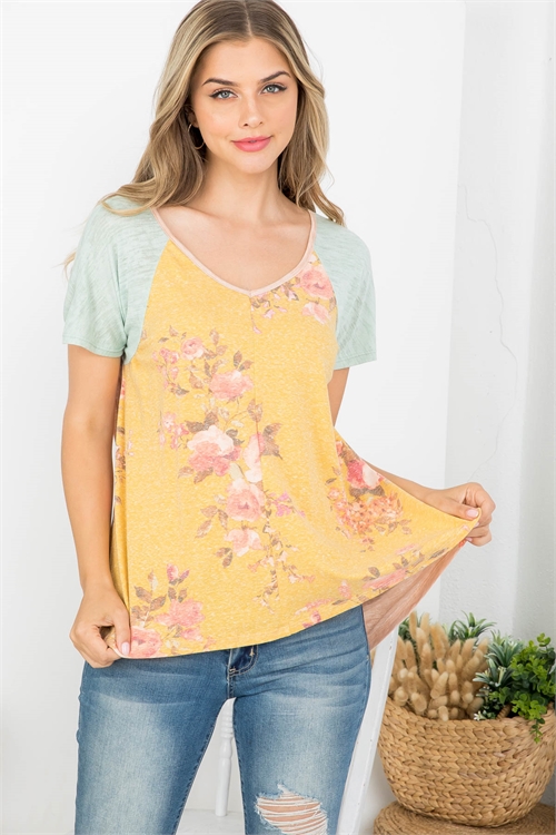 C40-B-3-T62754 SAGE MUSTARD FLORAL PRINT SCOOPED NECKLINE SHORT SLEEVE TOP 2-2-2