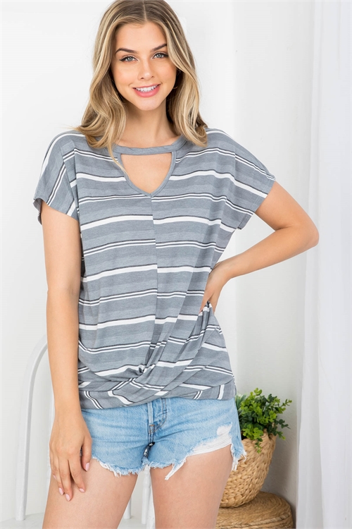 C40-B-3-T62705 GRAY WHITE STRIPE THROUGHOUT KEYHOLE NECKLINE TWIST FRONT BATWING TOP 2-2-2