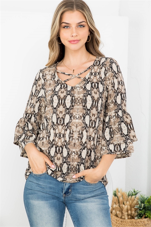 C40-B-3-T62770 BLACK SNAKE PRINT KEYHOLE NECKLINE MULTI TIERED BELL SLEEVE TOP 2-2-2