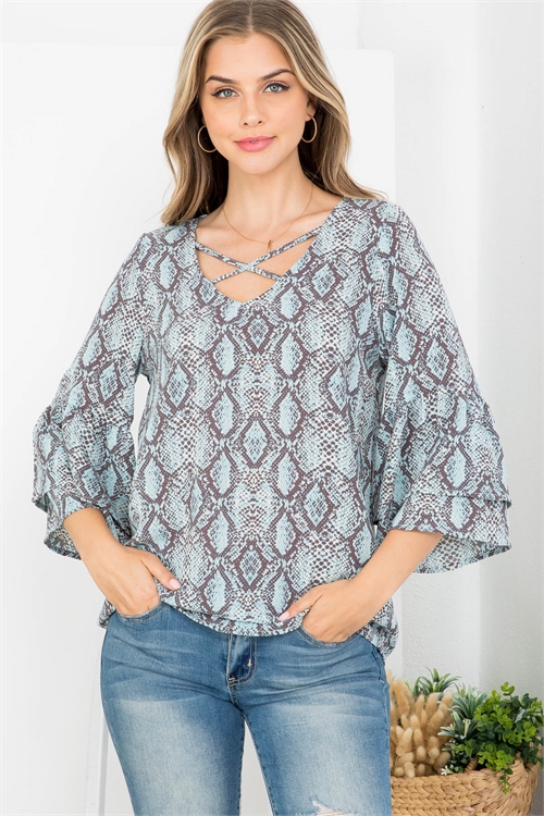 C40-B-3-T62770 BLUE SNAKE PRINT KEYHOLE NECKLINE MULTI TIERED BELL SLEEVE TOP 2-2-2