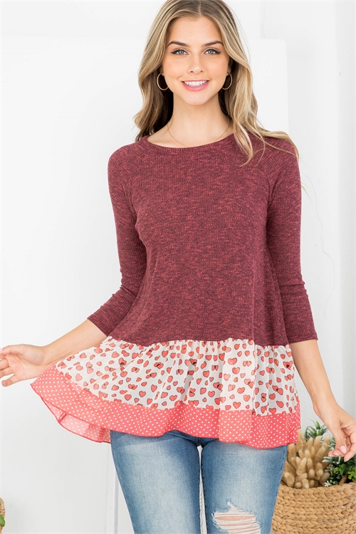 C52-A-1-T61309 BURGUNDY CORAL HEART PRINT BOAT NECKLINE WAFFLE FABRIC KNITTED TOP 2-2