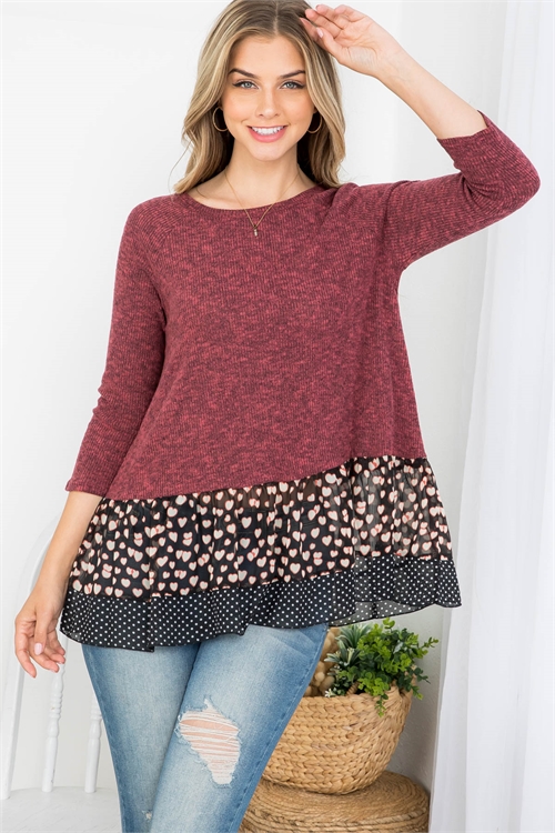 C48-B-2-T661309 BURGUNDY BLACK HEART PRINT BOAT NECKLINE WAFFLE FABRIC KNITTED TOP 2-2-2