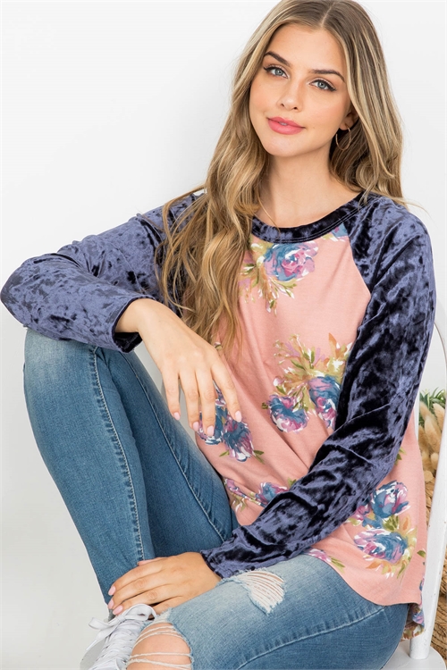 C48-B-3-T61765 MAUVE NAVY FLORAL PRINT ROUND NECKLINE VELVET LONG SLEEVE TOP 2-2-2