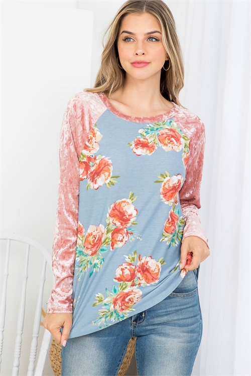 C48-B-3-T61765 BLUE MAUVE FLORAL PRINT ROUND NECKLINE VELVET LONG SLEEVE TOP 2-2-2