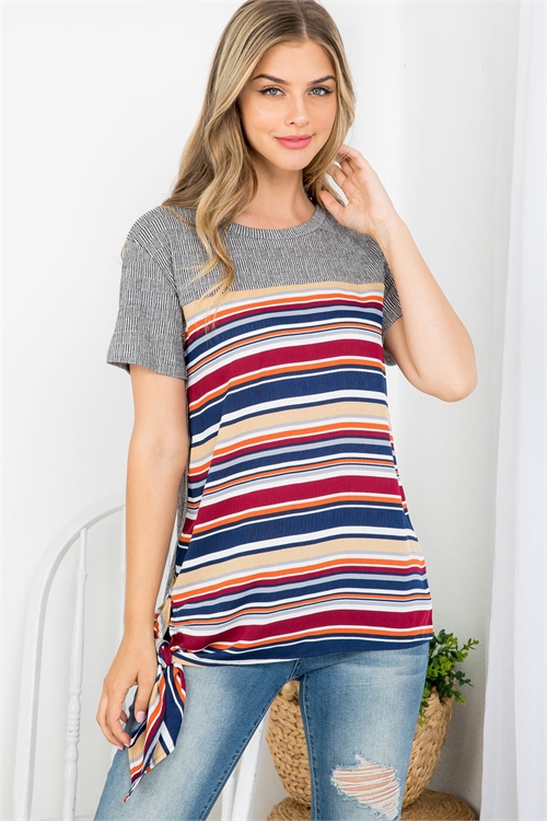 C62-A-1-T63000 GRAY MULTI STRIPES WITH SIDE TIE TWIST KNITTED TOP 1-2-2