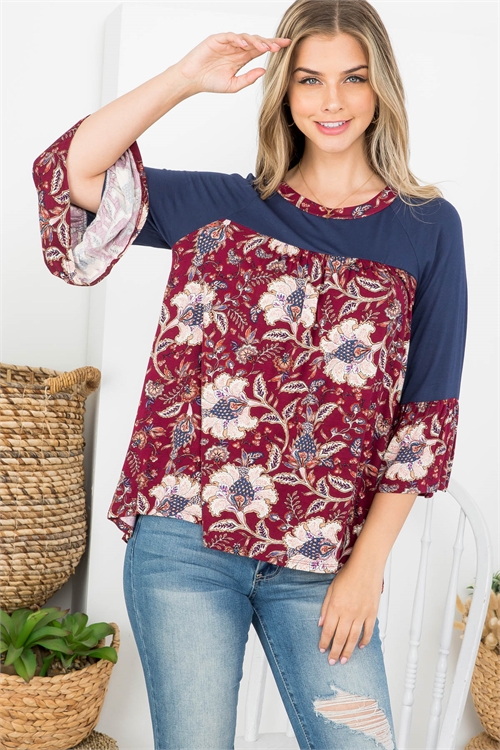 C62-A-1-T62659 NAVY WINE FLOWER PRINT ROUND NECKLINE BELL SLEEVE TOP 1-2-2