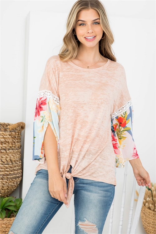 C74-A-1-T62924 PEACH FLORAL PRINT SLEEVE & LACE DETAIL BOAT NECKLINE FRONT TIE TWIST TOP 1-2-2