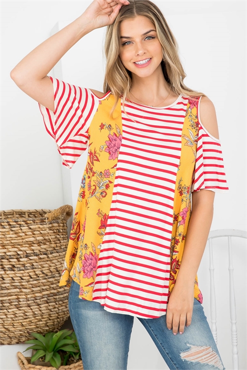 C62-A-3-T63035 YELLOW RED FLORAL & STRIPE PRINT COLD SHOULDER RUFFLE SLEEVE TOP 2-2-2