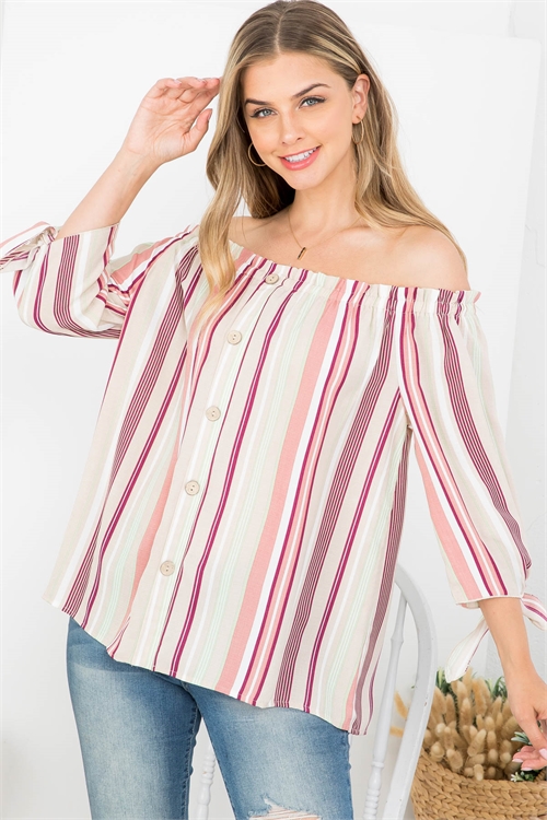 C84-A-1-T63126 TAN MAUVE VERTICAL STRIPE WITH FRONT BUTTON OFF SHOULDER LONG SLEEVE TOP 2-3-2