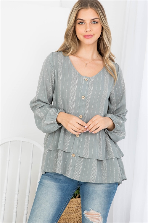 C84-A-1-T63185 GRAY VERTICAL STRIPE WITH FRONT BUTTON CUFFED STRETCH LONG SLEEVE RUFFLE TOP 1-1-2