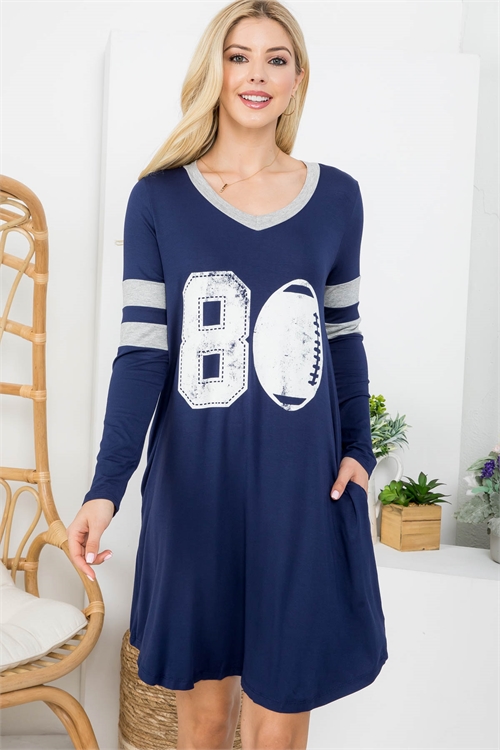 C78-A-1-D20596 NAVY FOOTBALL PRINT V-NECKLINE WITH SIDE POCKET JERSEY DRESS 3-3-1