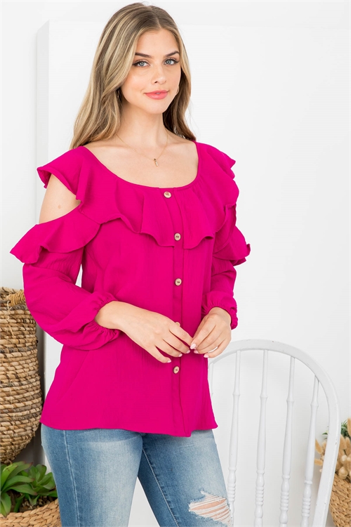 C86-A-1-T63166 MAGENTA SCOOPE NECKLINE WITH BUTTON DOWN COLD SHOULDER LONG SLEEVE TOP 2-2-2