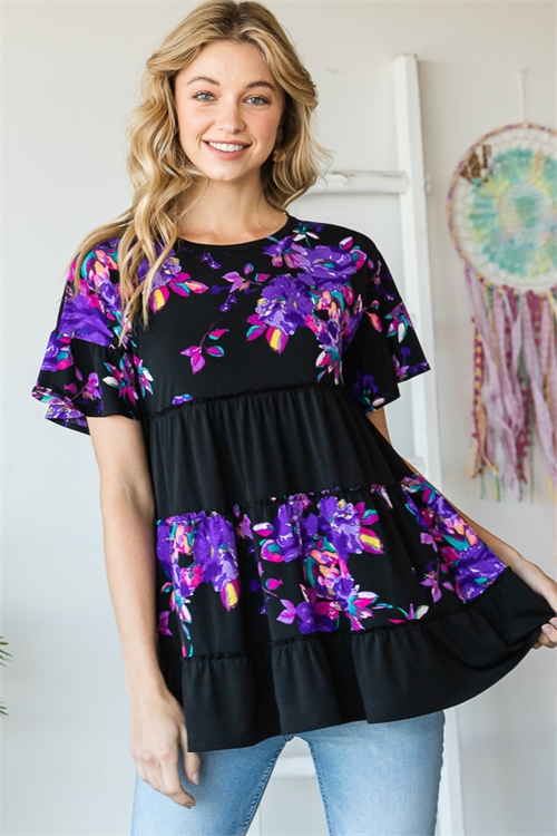 C4-A-1-ST2181-14 BLACK FLORAL PRINT ROUND NECKLINE RUFFLE SHORT SLEEVE TOP 2-2-2 (NOW $ 7.75 ONLY!)