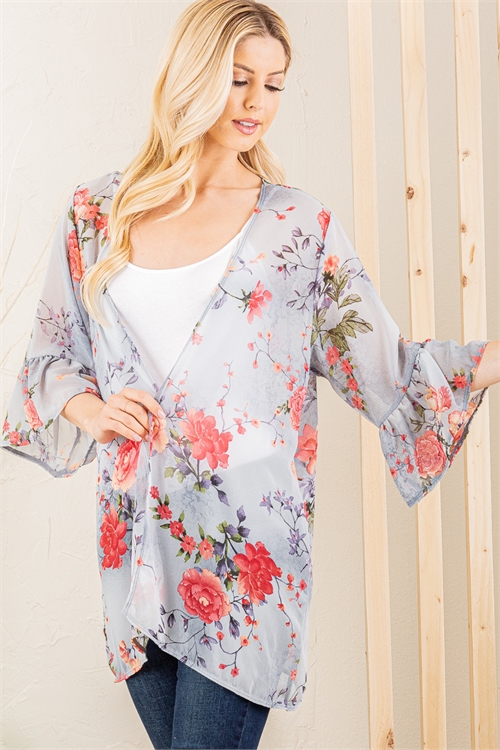 C4-A-1-ET6101-10 GRAY FLORAL PRINT OPEN FRONT BELL SLEEVE KIMONO 2-2-2