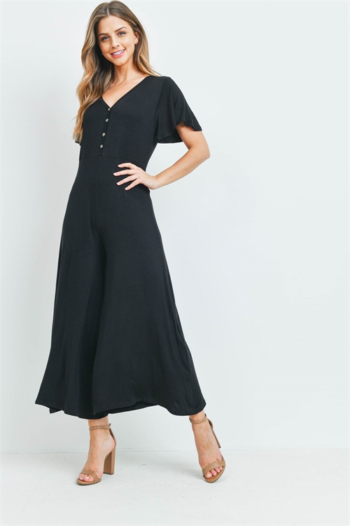 C10-A-1-AD4311 BLACK V-NECK BUTTON DOWN BELL BOTTOM JUMPSUIT 1-1