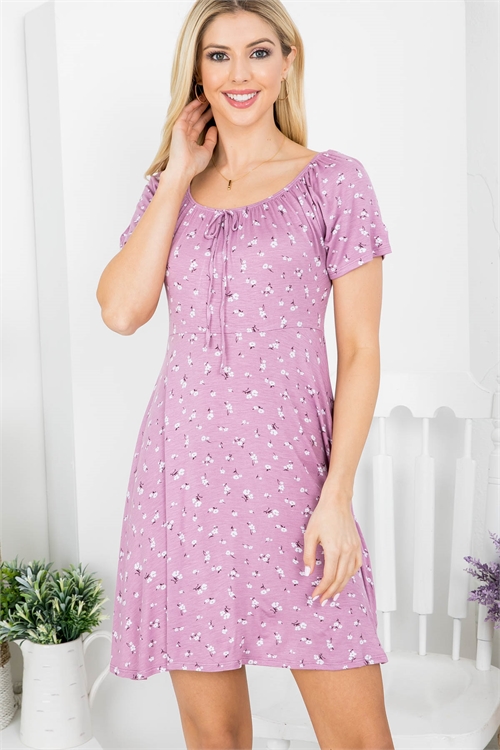 S10-19-3-AD4148 MAUVE FLORAL PRINT OFF SHOULDER WITH FRONT TIE DRESS 2-1-2-2