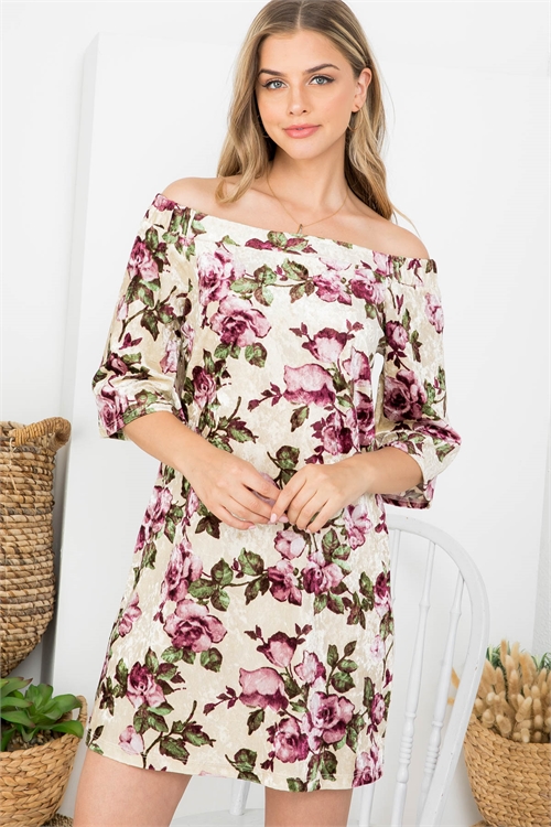 C12-A-2-D20507 CREAM FLORAL PRINT OFF SHOULDER 3/4 SLEEVE MINI DRESS 2-2-2