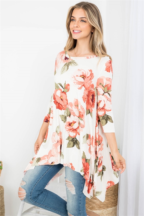 C26-A-3-T61378 IVORY FLORAL PRINT BOAT NECKLINE 3/4 SLEEVE ASYMETRIC TOP 2-2-2