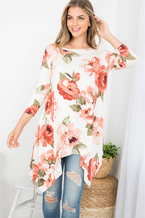 C4-A-1-T61378 IVORY FLORAL PRINT BOAT NECKLINE 3/4 SLEEVE ASYMETRIC TOP 1-1-2