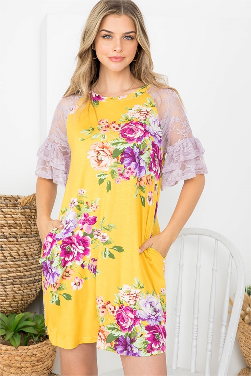 C42-A-2-D20808 YELLOW LAVENDER FLORAL PRINT BOAT NECKLINE SHEER LACED FLORAL RUFLLE SLEEVE WITH SIDE POCKET DRESS 2-2-2