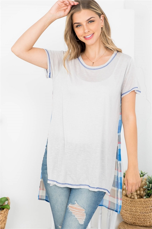 C50-A-2-T60040 GRAY BLUE CHECKERED PRINT ROUND NECKLINE SHORT SLEEVE ASYMETRIC TOP 2-2-2