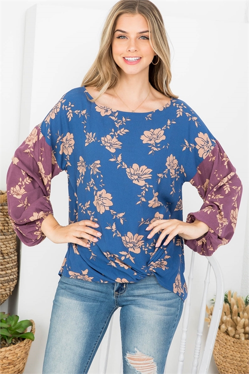 C48-A-1-T62644 DEEP BLUE TAUPE FLORAL PRINT SCOOPED NECKLINE CUFFED STRETCH LONG SLEEVE TOP 1-1-1