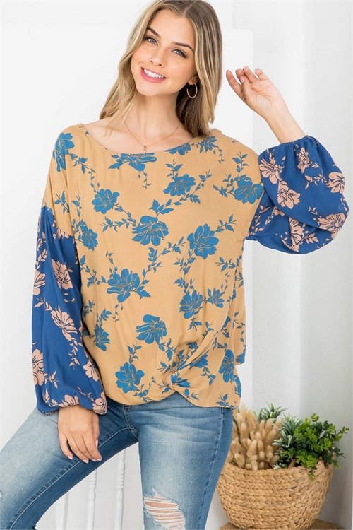 C48-A-1-T62644 MUSTARD BLUE TAUPE FLORAL PRINT SCOOPED NECKLINE CUFFED STRETCH LONG SLEEVE TOP 3-3