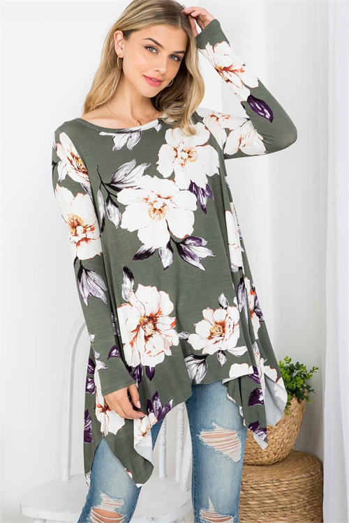 C66-A-1-D61761 OLIVE IVORY FLORAL PRINT BOAT NECKLINE LONG SLEEVE ASYMETRIC RUFFLE TOP 1-2-4