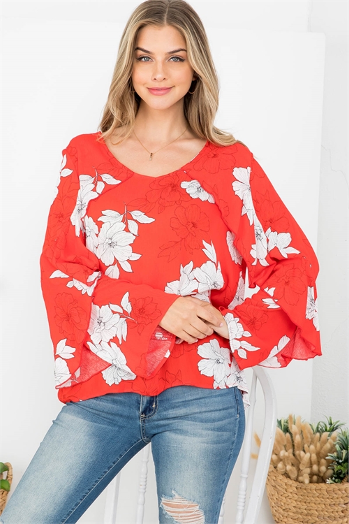 C56-B-2-T62544 DARK CORAL WHITE FLORAL PRINT SCOOPED NECKLINE RUFFLE BELL SLEEVE TOP 2-2-2