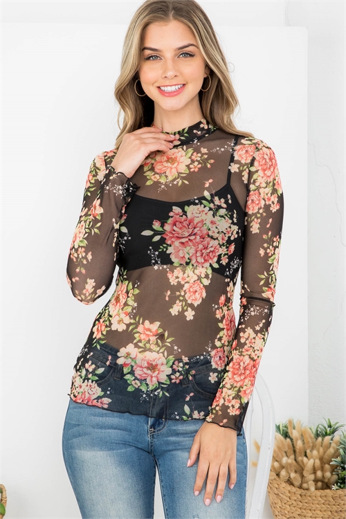 C58-A-3-T61460 BLACK WITH FLOWER PRINT COWL NECKLINE LONG SLEEVE SHEER TOP 2-2-2