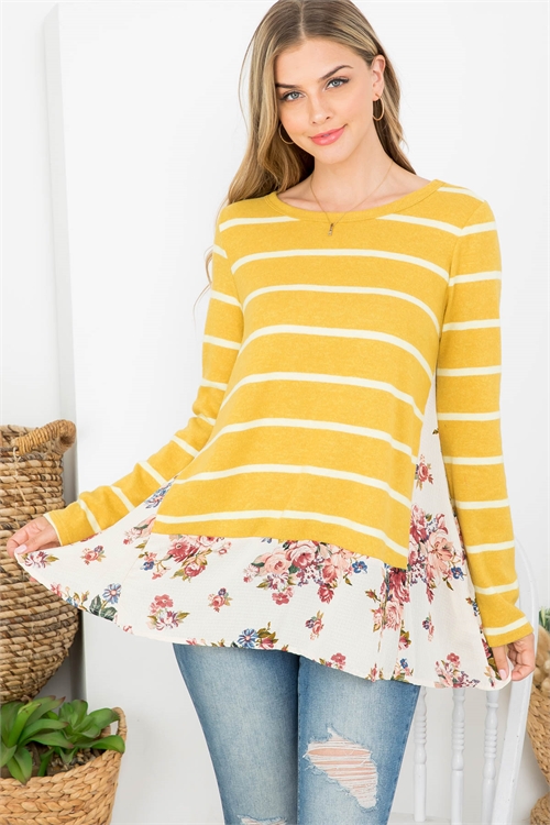 C30-B-1-T62697 MUSTARD CREAM FLORAL & STRIPE PRINT BOAT NECKLINE LONG SLEEVE TOP / 2PCS