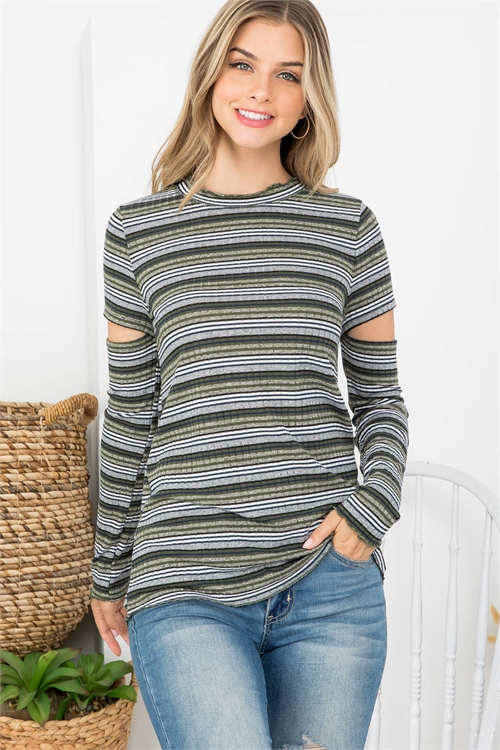 C30-B-1-T61303 OLIVE NAVY STRIPES ROUND NECKLINE CUT-OUT LONG SLEEVE TOP 2-1-1