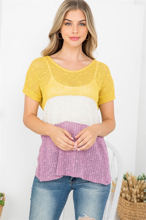 C72-B-2-T62868 MUSTARD CREAM LAVENDER BOAT NECKLINE WITH BACK TWIST DETAIL KNITTED TOP 2-2-2