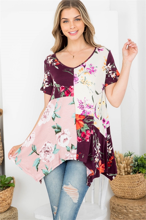 C76-B-1-T62726 TAUPE BURGUNDY FLORAL PRINT V-NECKLINE SHORT SLEEVE ASYMETRIC TOP 2-1-2