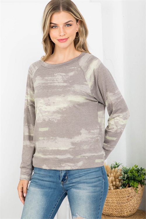 C76-B-1-T63128 BROWN TIE DYE BOAT NECKLINE CUFFED HEM & SLEEVE TOP 2-1