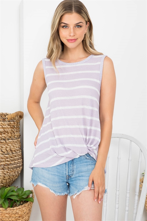 C76-B-3-T63104 LAVENDER STRIPES ROUND NECKLINE WITH FRONT TIE TWIST WAFFLE FABRIC TANK TOP 2-2-2