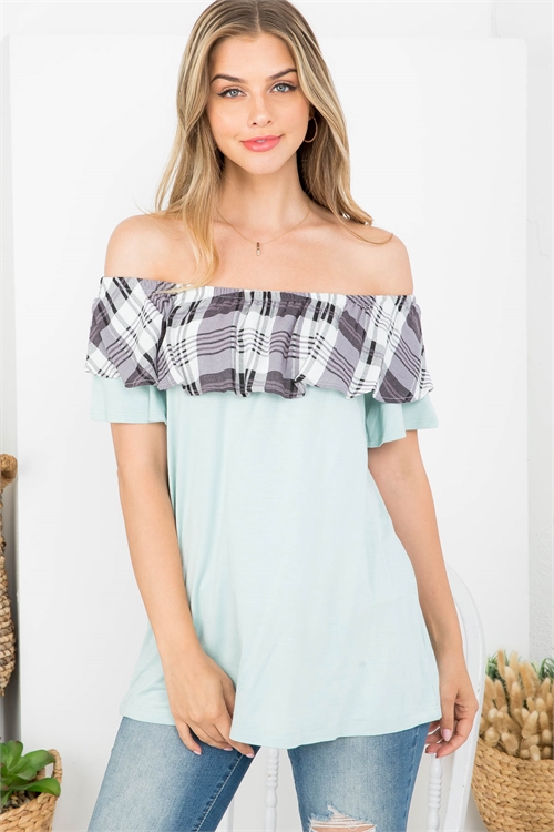 C80-B-1-T62919 MINT GRAY RUFFLE PLAID PRINT OFF SHOULDER TOP 2-2-3