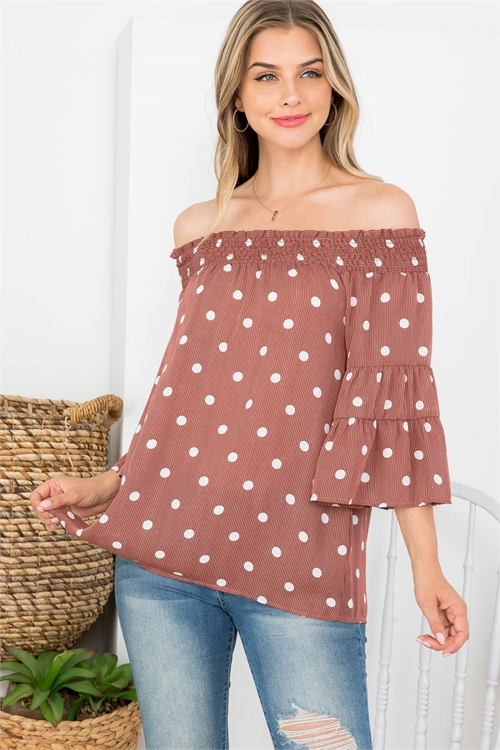 C90-A-1-T62902 BROWN WHITE POLKA DOT PRINT RUCHED OFF SHOULDER BELL SLEEVE TOP 2-3-2