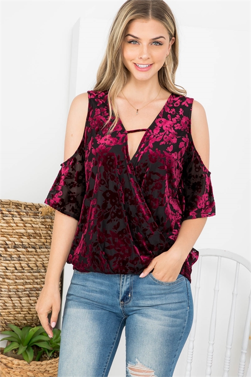 C84-A-2-T61930 BURGUNDY WITH FLORAL PRINT COLD SHOULDER SURPLICE TOP 2-2-2