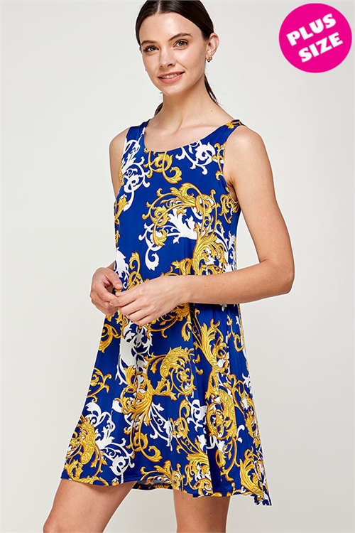 C78-A-2-WD1001-2X ROYAL GOLD JACQUARD PRINT SCOOPED NECKLINE SLEEVELESS PLUS SIZE DRESS 2-2-2