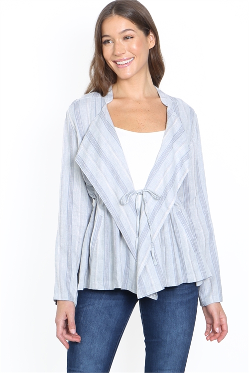 S9-9-4-J1606 BLUE GRAY VERTICAL STRIPES OPEN FRONT PULL-TAB SLEEVE DRAW STRING WAIST JACKET 3-2-1 (NOW $3.50 ONLY!)