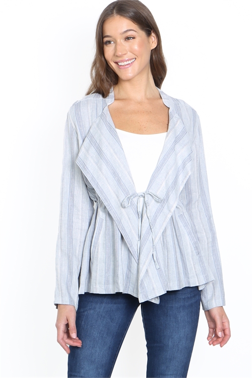 S8-13-3-J1606 BLUE GRAY VERTICAL STRIPES OPEN FRONT PULL-TAB SLEEVE DRAW STRING WAIST JACKET 2-1-1