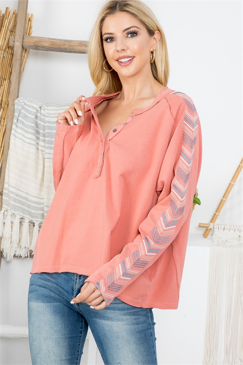 S12-6-1-T4329 DUSTY CORAL CHEVRON EMBROIDERED SLEEVE CHINESE COLLAR BUTTON DOWN TOP 3-2-1