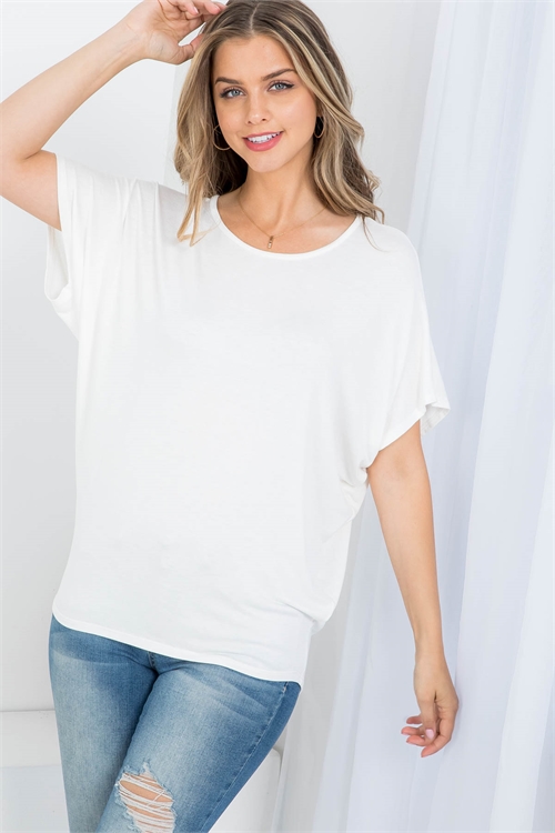 C92-A-1-AD1462 IVORY ROUND NECKLINE RUFFLE SHORT SLEEVE BATWING TOP 1-1-2
