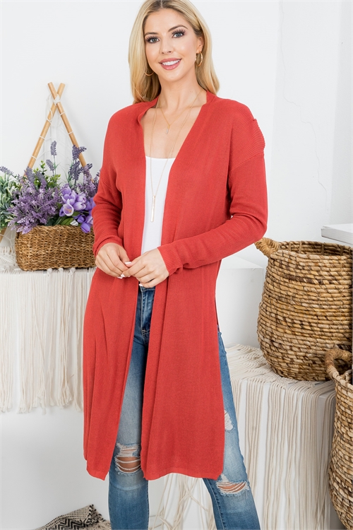 S8-4-3-C1478 CORAL OPEN FRONT WITH HIGH SIDE SLIT DETAIL KNITTED CARDIGAN 3-3