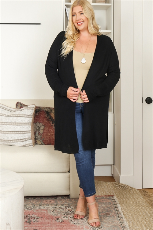 S6-8-3-C1478X BLACK OPEN FRONT WITH HIGH SLIT DETAIL KNITTED PLUS SIZE CARDIGAN 3-3