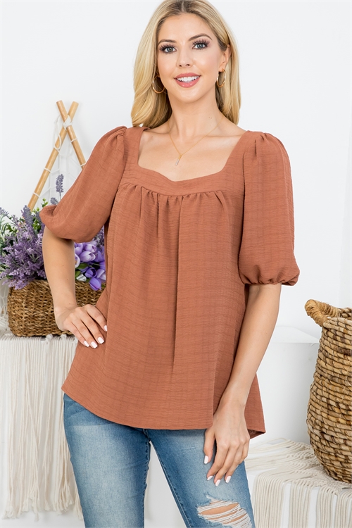 C74-A-2-AD5151-COPPER SQUARE NECKLINE CUFFED STRECHED PUFFY SLEEVE TOP 2-2-2-2