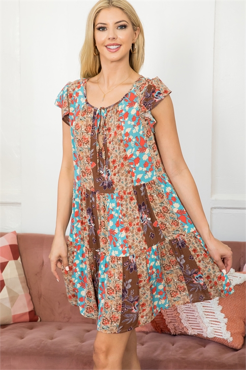 S7-7-1-D71030 BROWN TAUPE FLORAL PRINT SCOOPED NECKLINE WITH FRONT TIE RUFFLE SHORT SLEEVE MINI DRESS 2-2-2