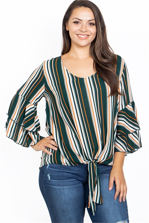 C80-A-2-T62716X HEATHER GREEN WITH STRIPES PLUS SIZE TOP 2-2-2